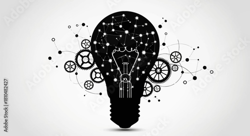 A black silhouette of a light bulb filled with a complex network of dots and lines, surrounded by gears and cogs, symbolizing ideas, innovation, and interconnected thought processes.