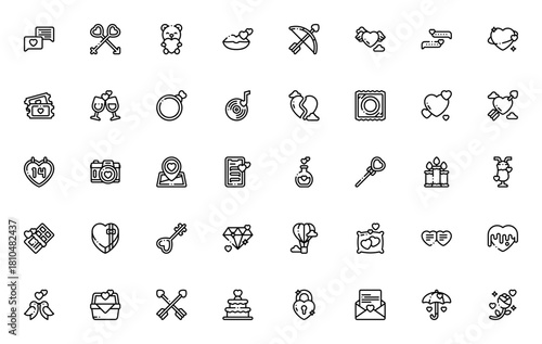Valentine's Day icon set. Love vector illustration. eaturing symbols for cupid heart, kiss, romance, gif, chocolate, wedding and mre. Editable stroke.