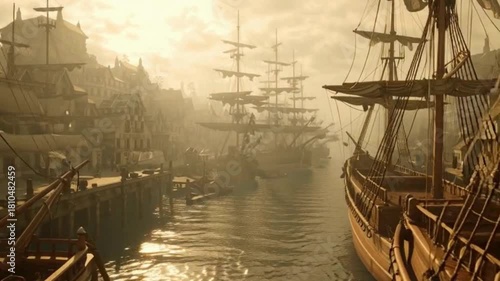 A fleet of historical tall ships docked in a misty, old-world harbor at sunrise.