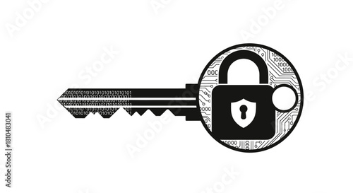 A black and white graphic illustration of a key with a circular head featuring a padlock and shield icon, set against a circuit board pattern, symbolizing digital security.