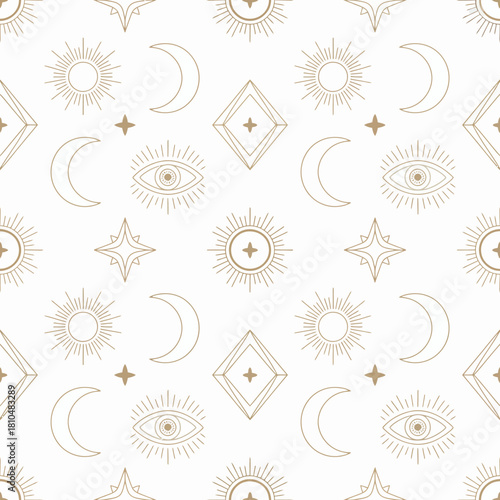 A stylish pattern design showcasing celestial symbols like suns, moons, and stars, emphasizing themes of mystery, spirituality, and cosmic beauty in a modern style.
