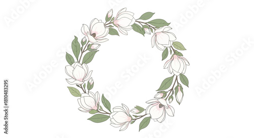 A delicate circular wreath illustration featuring white magnolia flowers and green leaves on a plain background.