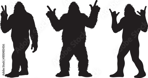Bigfoot Sasquatch silhouette set showing funny hand gestures like rock-on and peace; cryptid, monster, mythical creature, and vector illustration collection