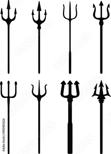 Trident weapon silhouette vector set in various styles; mythological sea god symbols, Poseidon, Neptune, marine, devil, and pitchfork graphic collection.