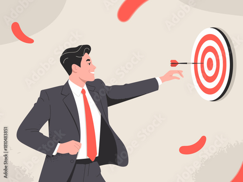 A confident businessman in a suit aiming at a target, representing the pursuit of goals and success in a professional environment with a focus on determination and achievement.