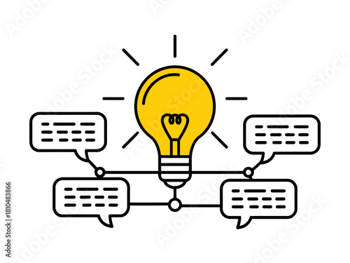 A vibrant illustration showcasing a light bulb radiating bright ideas, surrounded by dialogue bubbles, symbolizing creativity, communication, and idea generation.