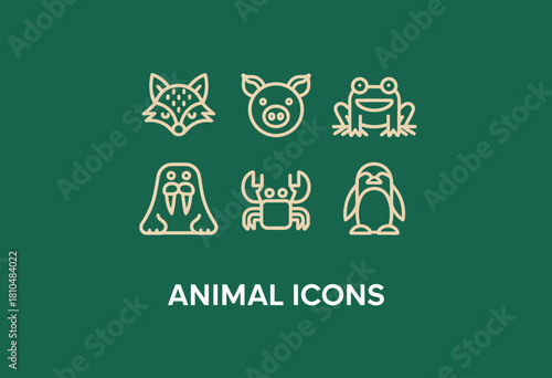 A collection of six cute animal icons including a fox, pig, frog, walrus, crab, and penguin, designed in a simplistic and cohesive style for playful and accessible graphics.