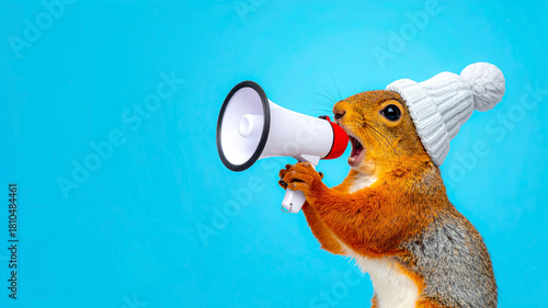squirrel wearing beanie holding megaphone on blue background