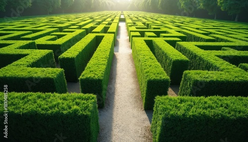 Green hedge maze with straight path leading through geometric garden walls. Sunlight shines on clear route, symbolizing progress and strategy. Search for clarity and goal.
