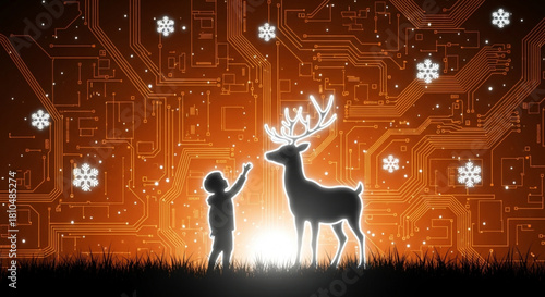 Digital Christmas: A child reaches out to a glowing reindeer against a festive circuit board background, christmas and New year banner abstract background. The Magic of Christmas in the Digital Age.
