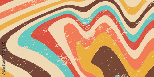 Abstract Retro 70s colorful sun with rays on vintage background. Groovy banner, poster or postcard. Vector illustration.