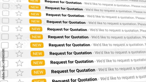 Request for Quotation emails populate a digital inbox in large numbers. highlighting new incoming business communication and procurement requests. Perfect for corporate and finance visuals.