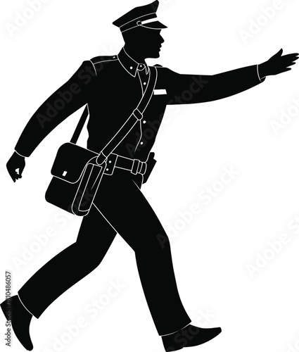 Silhouette of male postman walking and delivering mail, postal worker with bag illustration, mailman service concept, communication and delivery vector design