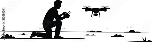 Silhouette of man controlling drone outdoors, flying quadcopter in nature, remote control technology vector illustration, aerial photography and outdoor hobby concept