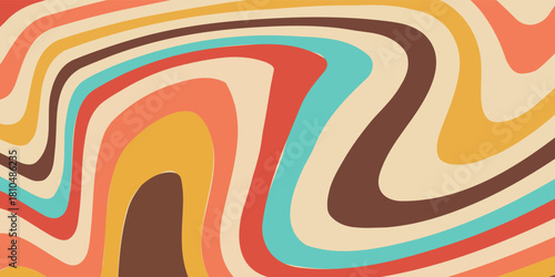 Abstract Retro 70s colorful sun with rays on vintage background. Groovy banner, poster or postcard. Vector illustration.