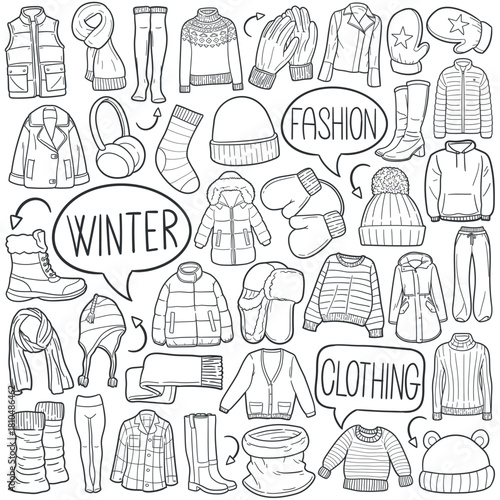 Set de Iconos de Ropa de Invierno Estilo de Garabato Vectorial.