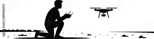 Silhouette of man controlling drone with remote controller, outdoor technology concept, quadcopter flying for photography, innovation and aerial view illustration design