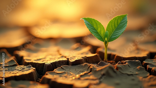 A small green plant sprouting from dry, cracked earth in a desert setting with warm golden sunlight