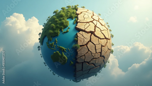 Global Climate Change: Earth Split Between Green and Cracked Land