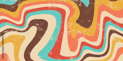 Abstract Retro 70s colorful sun with rays on vintage background. Groovy banner, poster or postcard. Vector illustration.