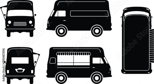 Vintage food truck van silhouettes, retro vehicle icons, classic delivery van graphic set, black transport illustration elements for design projects