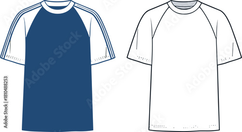 Detailed raglan t-shirt vector illustration showing front views, sportswear design template, apparel mockup for branding, clothing graphic for fashion designers