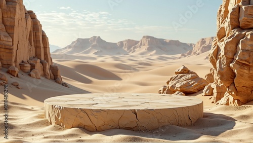 rendering desert landscape sky blue few white clouds scattered across desert vast vast sand dunes mountains background side large rock formations appear sandstone center round wooden table cracked