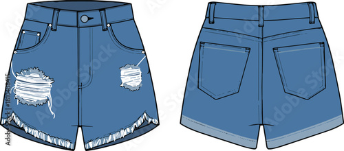 Distressed denim shorts front and back illustration, fashionable ripped jean design, casual summer clothing graphic for apparel branding, fashion template vector
