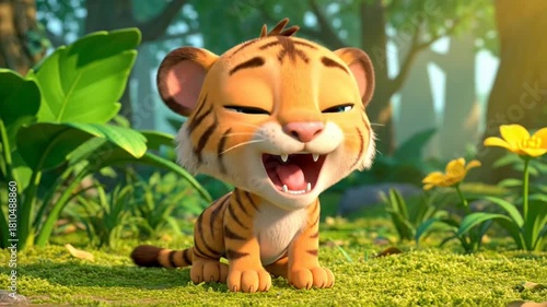 A joyful young tiger smiling in a vibrant forest setting.