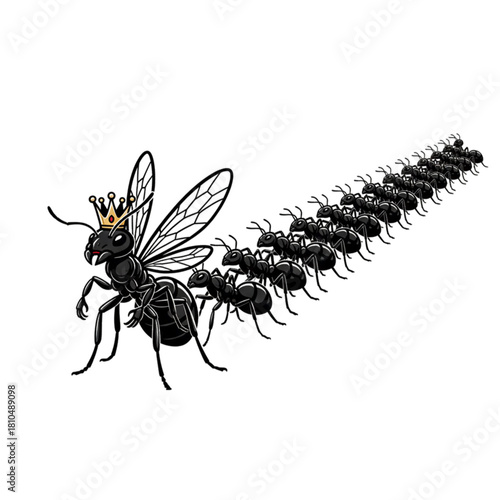 illustration of a black ant queen with her troops. isolated on a white background.