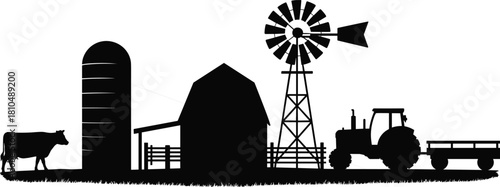 Silhouette of farm landscape with barn, tractor, windmill, silo, and cow, rural countryside scene, agriculture concept, black and white vector illustration