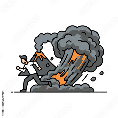 A person runs to avoid ash and hot clouds from a volcano. Isolated on a white background.