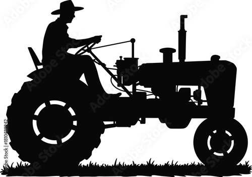Silhouette of farmer driving vintage tractor on farmland, agriculture machinery vector, countryside life, rural work concept, traditional farming, black illustration design