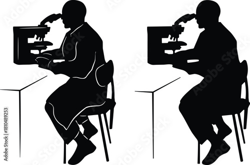 Silhouettes of scientists working with laboratory microscopes at desks, representing research, analysis, medical science, biotechnology studies, and professional laboratory environments