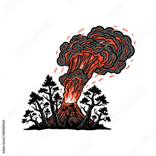 Ash and hot clouds from an erupting volcano. Isolated on a white background.