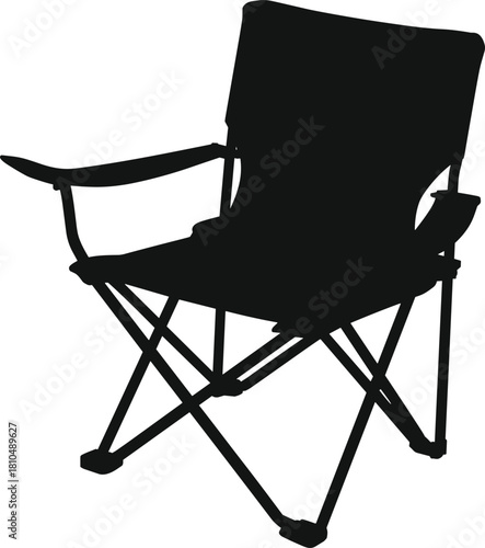 Silhouette of foldable camping chair with armrests, lightweight portable outdoor seat for camping, hiking, picnic, fishing, travel, and leisure vector illustration