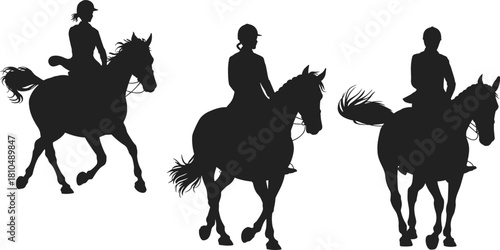 Silhouette of horse riders in motion, equestrian sport concept, horseback riding activity, black and white vector illustration, countryside lifestyle design