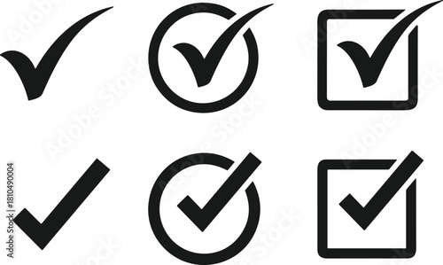Check mark tick icons collection, bold verification symbols, minimal approval signs, black checklist graphics, simple confirmation elements for design projects