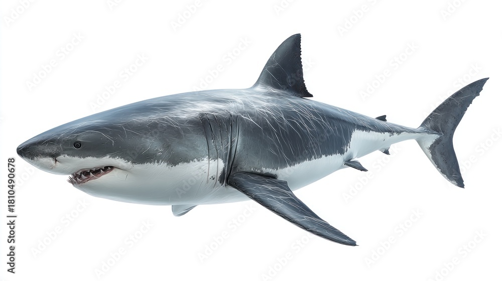 Naklejka premium A realistic side view of a great marine predator, with a dark grey dorsal surface and a white underside, teeth visible