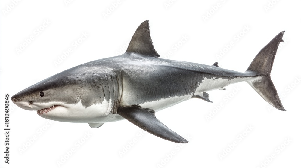 Fototapeta premium A photorealistic image showcases a large shark against a plain white backdrop, highlighting its sleek, powerful form