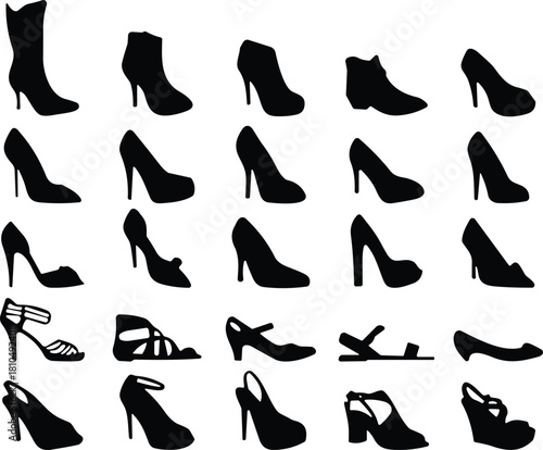 Collection of women’s footwear silhouettes featuring heels, boots, sandals, and fashion shoes for design projects, fashion graphics, branding, illustrations