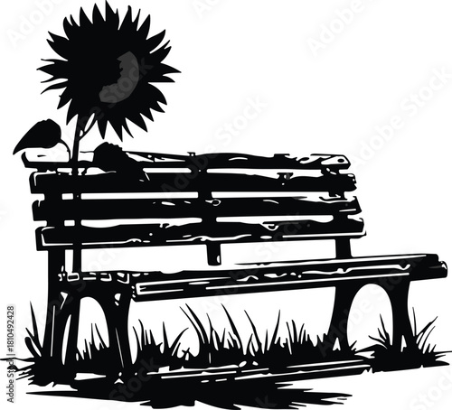Silhouette of rustic wooden park bench with tall sunflower and natural grass elements, peaceful outdoor scene ideal for nature, garden, and landscape themes