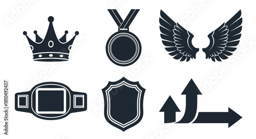 Collection of Achievement and Success Icons - Crown, Medal, Wings, Belt, Shield, and Arrows.