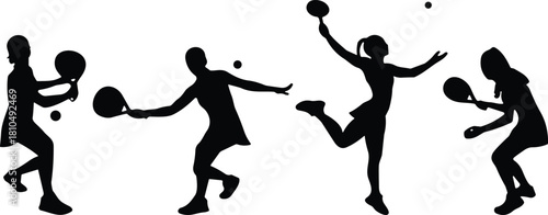 Silhouette players hitting balls with rackets, dynamic paddle sport action poses, athletic movement illustration for fitness, recreation, game design projects