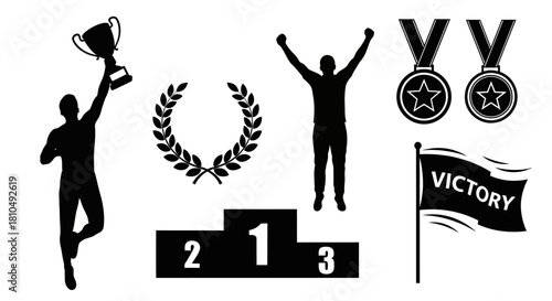 Silhouette of a victorious athlete with trophy, laurel wreath, podium, medals, and flag.