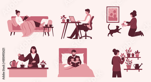 People Enjoying Leisure Activities at Home - Reading, Working, and Caring for Plants.