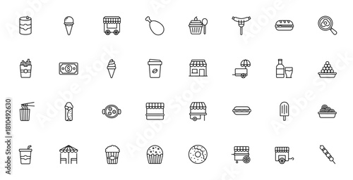 Street Food icon set. Vector illustration. Includes ymbols for ice cream, hot og, coffee, barbecue, takoaki, donut, popcorn, stall cart and more. Editable sroke.