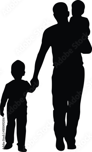Silhouette of father walking with two young children holding hands, family bonding concept, parenting illustration, isolated black vector design