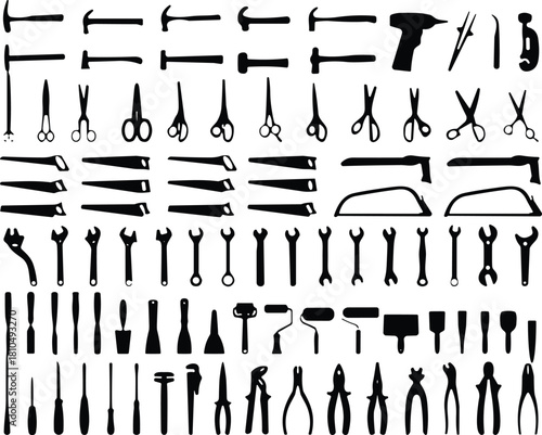 Collection of assorted hand tool silhouettes including hammers, scissors, wrenches, pliers, saws, screwdrivers, utility tools for workshop, hardware and construction designs