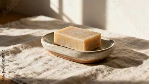 Natural soap on ceramic plate with soft sunlight, minimalistic setting